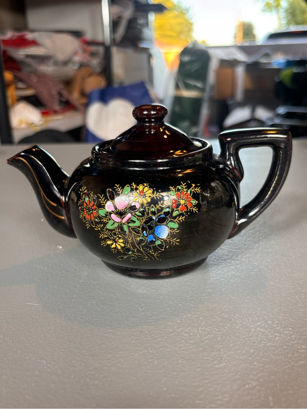 Made in Japan Black Floral Ceramic Teapot with Gold Trim Lid Tested